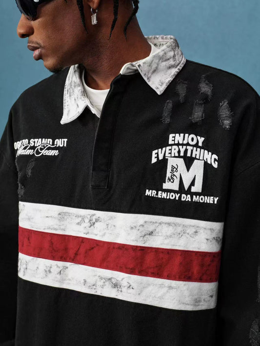 MEDM Contrast Color Striped Polo Long-sleeve T-shirt