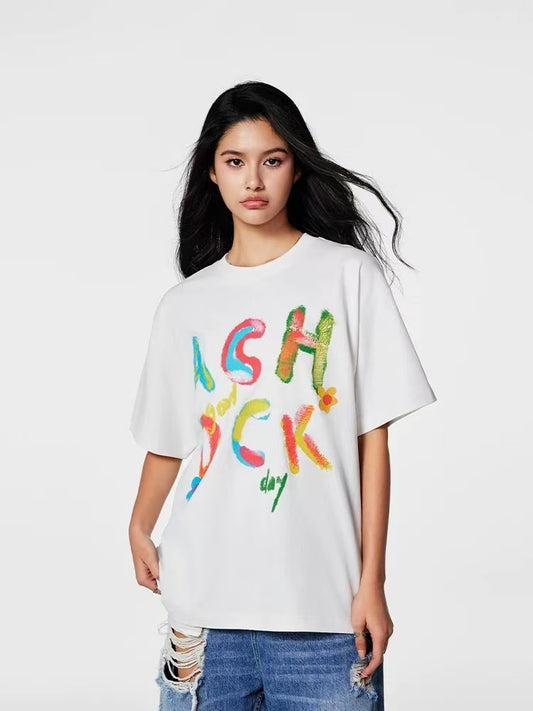 ACHOCK Watercolor Handwritten Logo Printed T-shirt