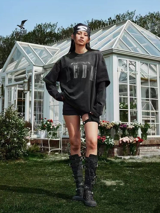 MEDM Washed Distressed Two-piece Long-sleeved T-shirt