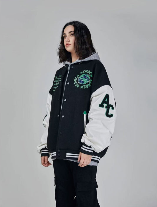 ACHOCK Green Earth Embroidered Baseball Jacket