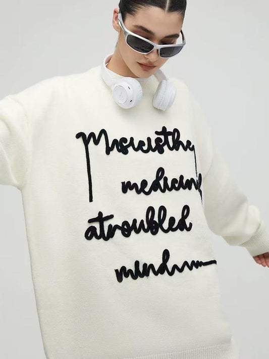 ACHOCK Embroidered Monogram Letter Pullover Sweater