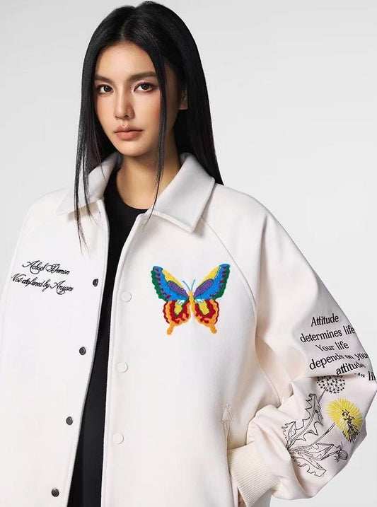 ACHOCK Butterfly Embroidered Stand Collar Baseball Jacket