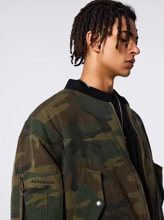 ACHOCK Washed Distressed Camouflage Cotton Bomber Jacket