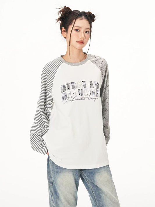 BIPOLAR Polka Dot Striped Raglan Long-sleeves T-shirts