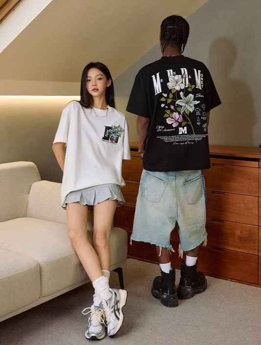 MEDM Flowers Blooming 3D Embroidered LOGO Short-sleeve T-shirt