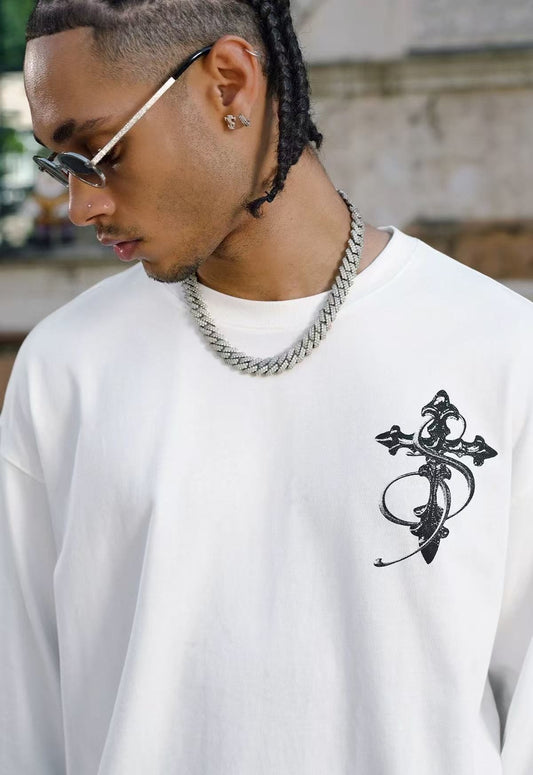 STK Vintage Black and White Cross Long-Sleeve T-Shirt