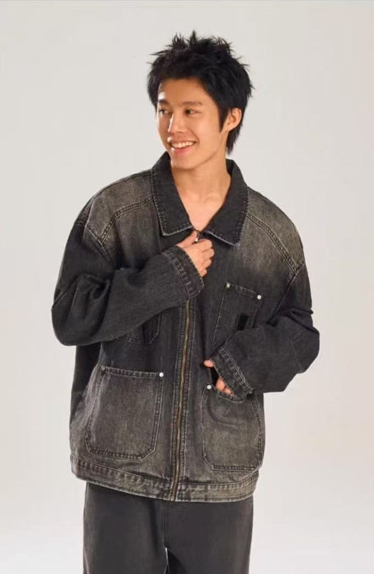 BIPOLAR Retro Distressed Design Washed Denim Jacket