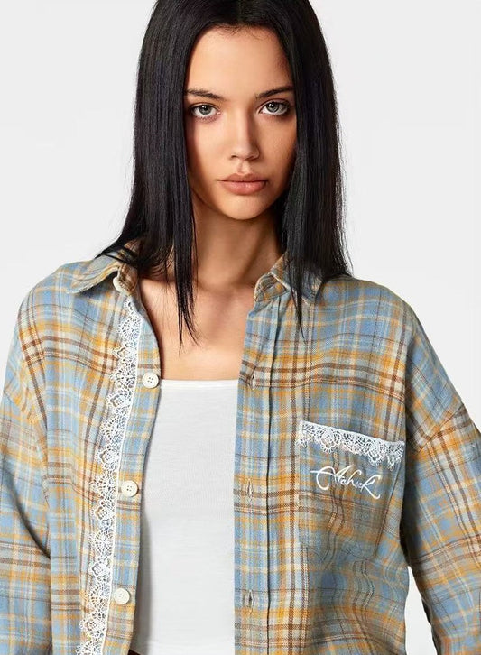 ACHOCK Retro Plaid Lace Splicing Long-sleeve Shirt