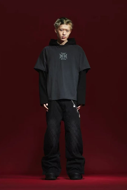 REMEDY Retro Fake Two-piece Hooded Long-sleeved T-shirt