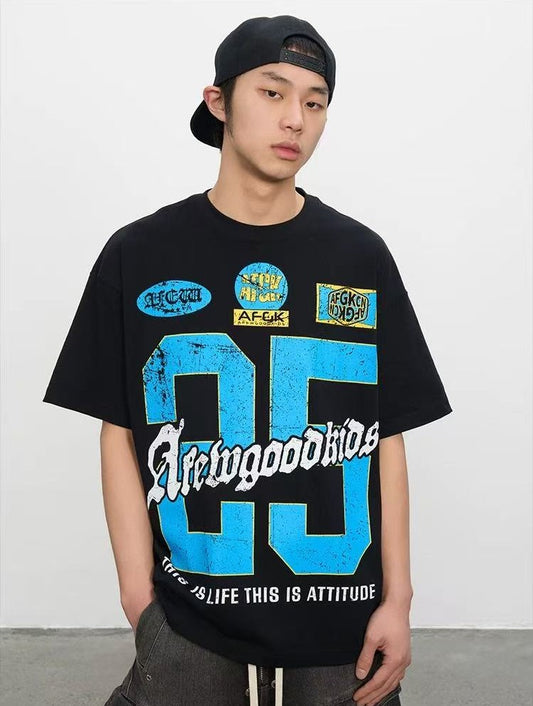 AFGK Retro Distressed Logo Print Short-sleeved T-shirt