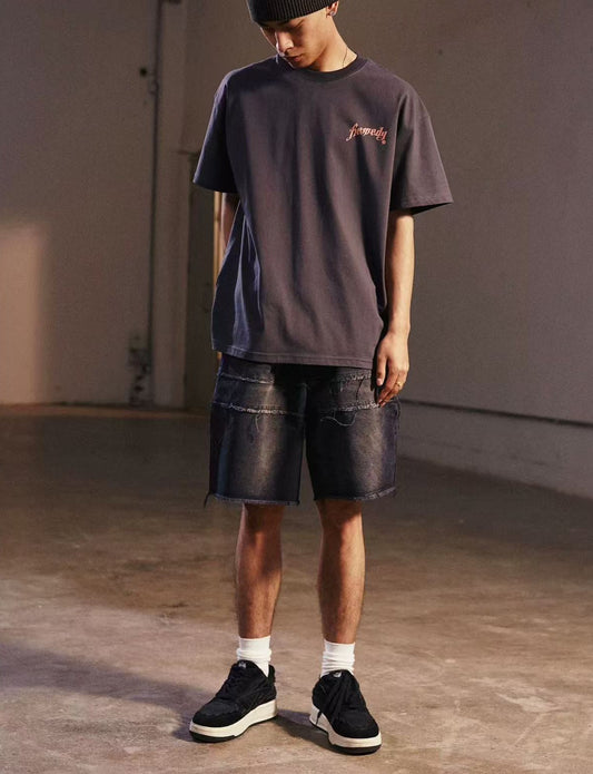 REMEDY Destroyed Fringe Paneled Denim Shorts