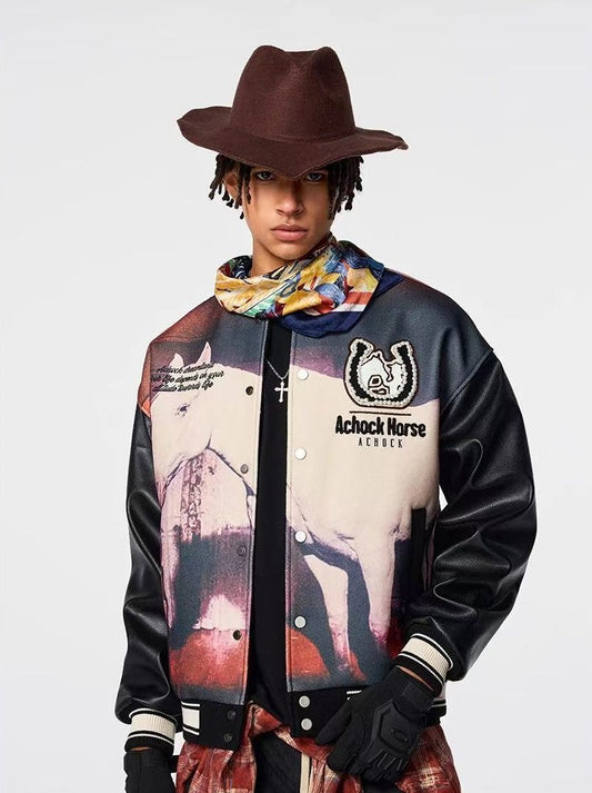 ACHOCK Vintage Western Cowboy Full Printing Hot Drill Jacket