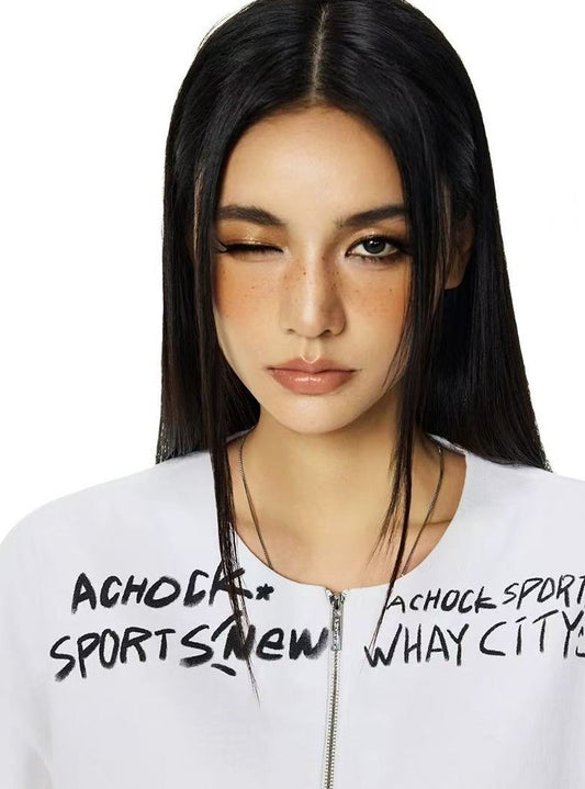 ACHOCK Henley Collar Monogram Half-zip Long-sleeved T-shirt