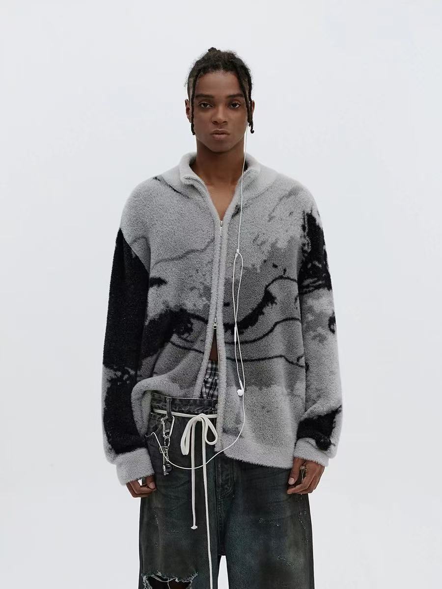 ATRY Irregular Gradient Cardigan Stand Collar Sweater