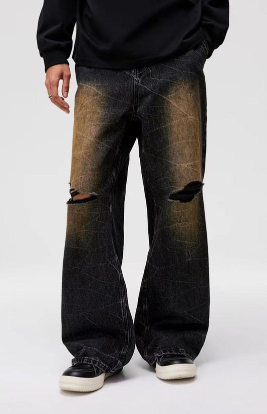 ATRY Heavy Textured Washed Knee Ripped Denim Trousers