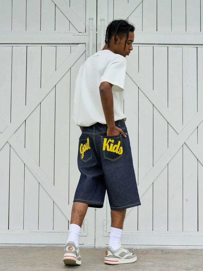 AFGK Pure Color Printed Denim Shorts