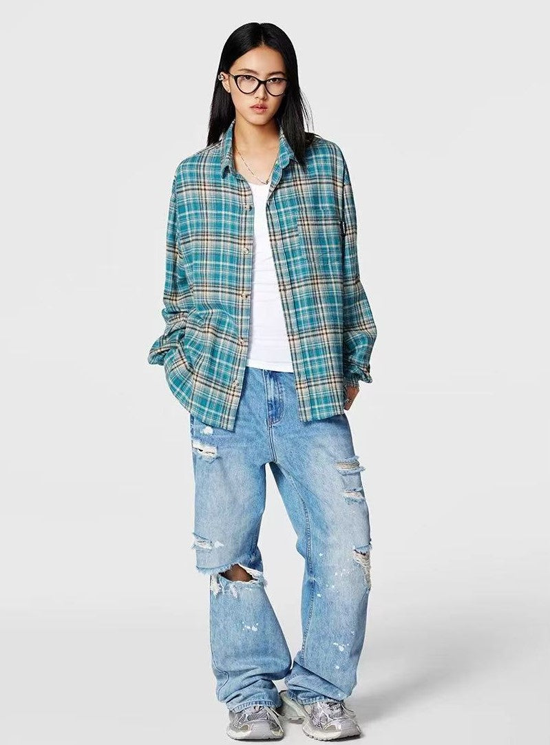 ACHOCK Retro Blue Plaid Long-sleeve Shirt