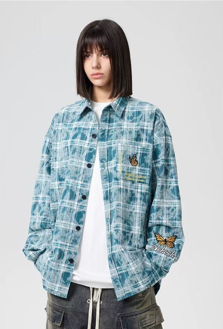 ACHOCK Washed Butterfly Embroidered Long-sleeved Shirt