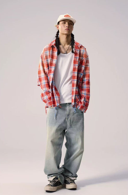 REMEDY Distressed Plaid Long-sleeve Shirt