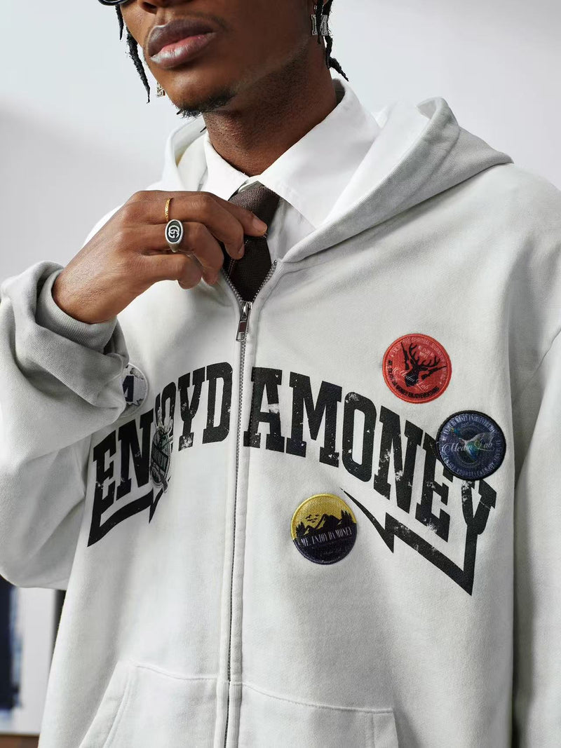 MEDM Hunting Theme Distressed Washed Zipper Hoodie