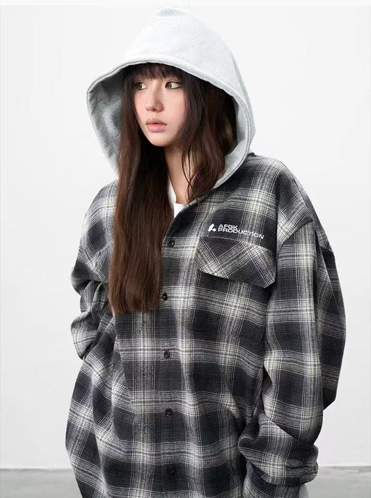 AFGK Vintage Plaid Hooded Long-sleeved Shirt