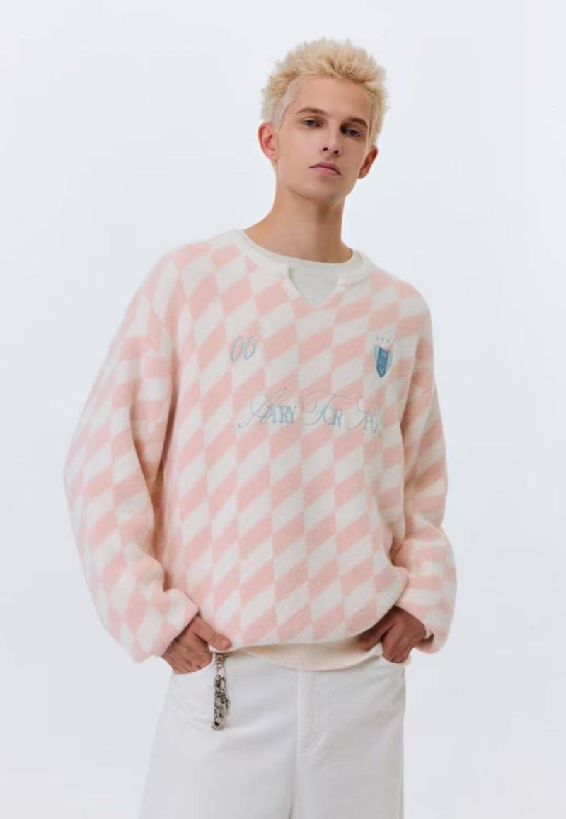 ATRY Sport Contrasting Diamond Plaid Small V-neck Sweater