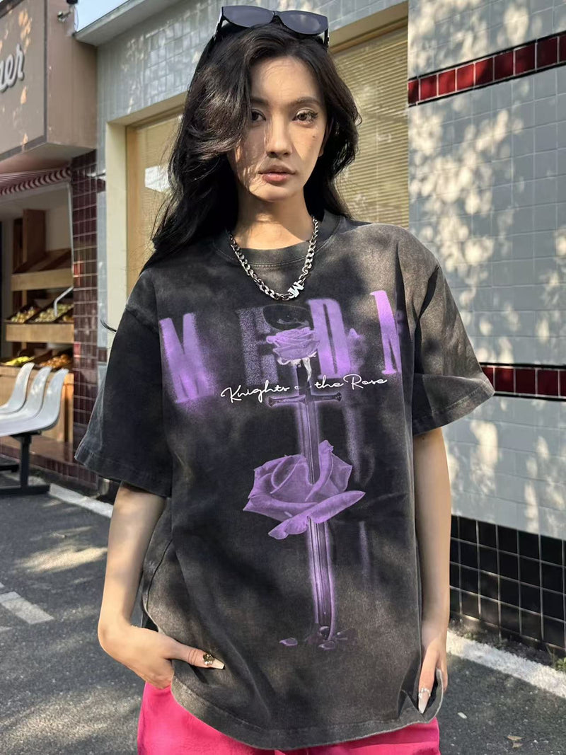 MEDM Sword and Rose" Thermosetting Oil Printed Short-sleeved T-shirt