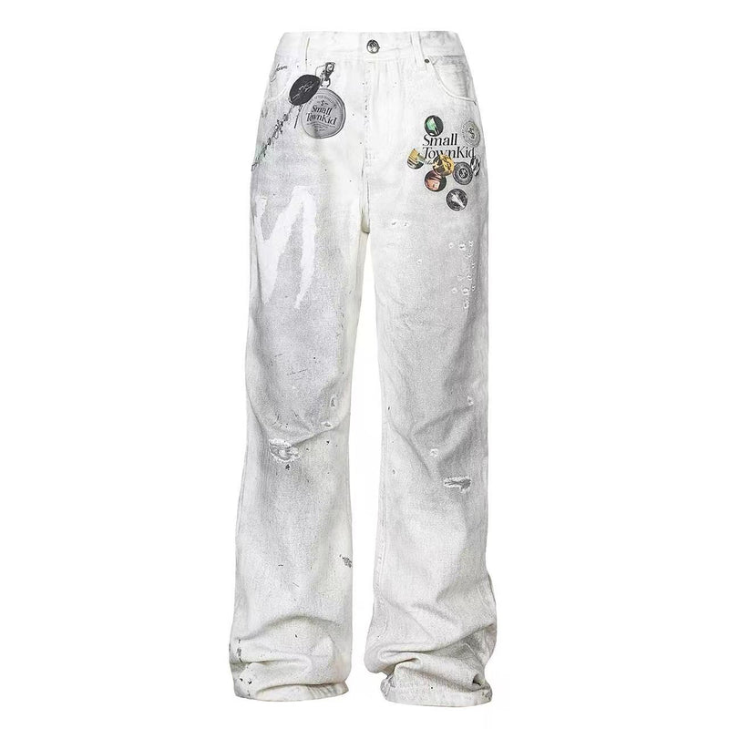 STK Vintage Distressed Wash 3D Badge Print Jeans