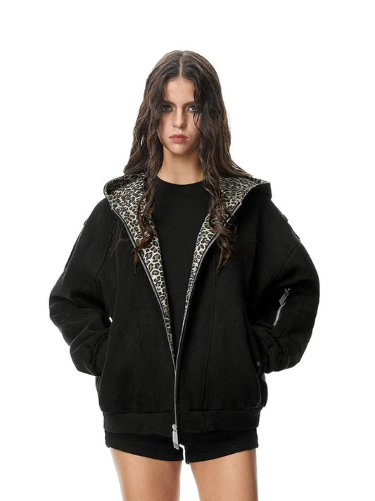 FDR Leopard Print Suede Hooded Jacket