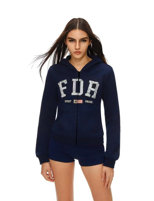 FDR Retro Logo Printed Zipper Hoodie (For Women)