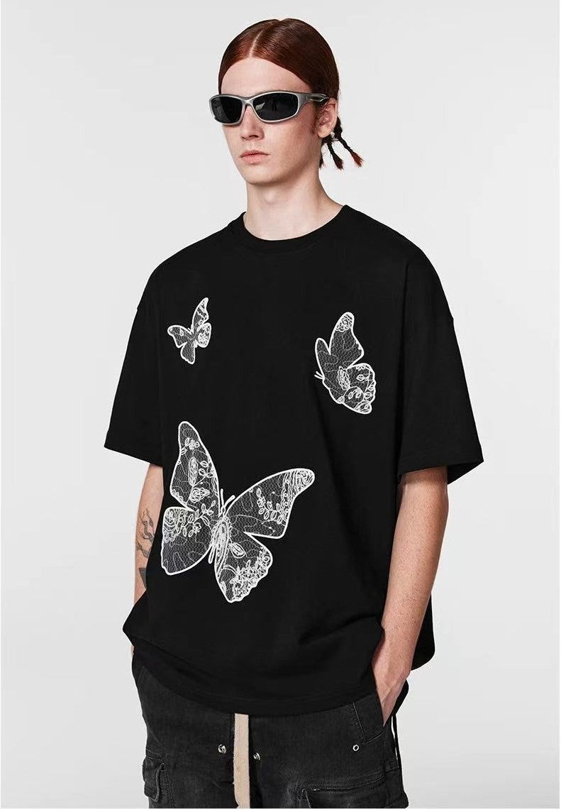 ACHOCK Butterfly Embroidered Crew Neck Short Sleeves Tee