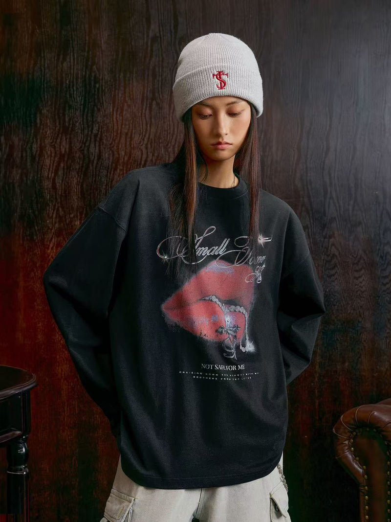 STK Vintage Dirty Wash Glitter Lip Long-Sleeve T-Shirt