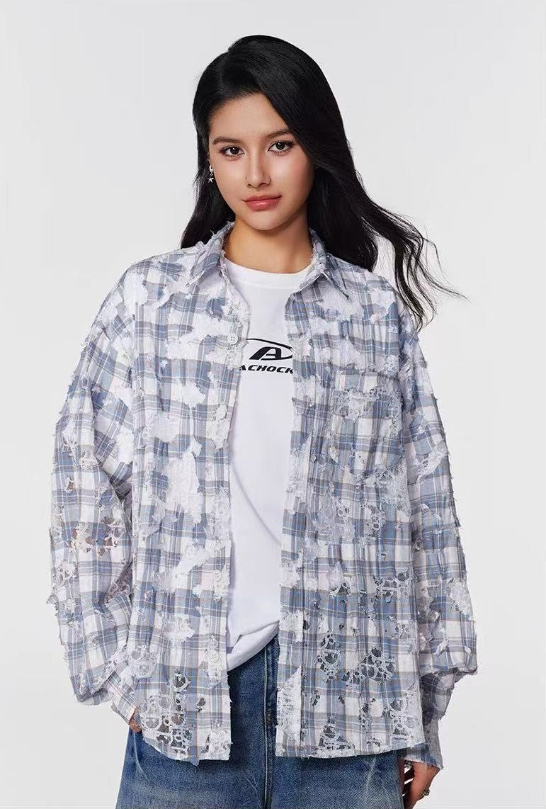 ACHOCK Lace Lapel Plaid Long-sleeve Shirt