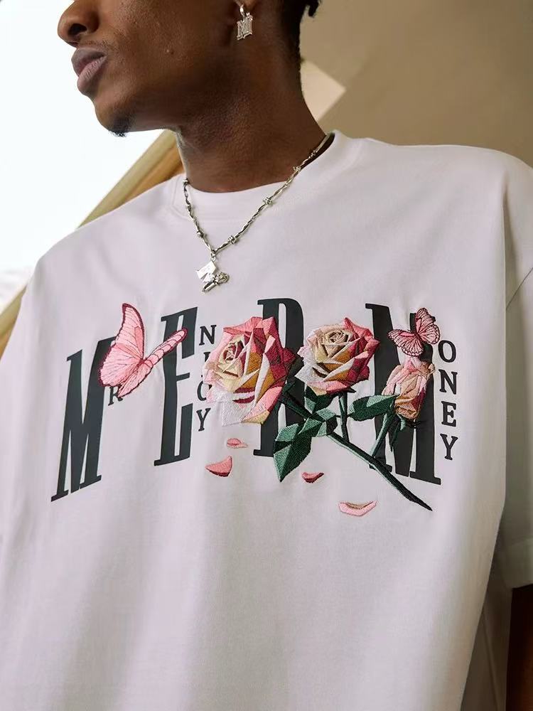 MEDM Origami Slice Rose Butterfly Embroidered Short-sleeved T-shirt