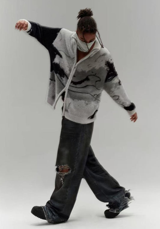 ATRY Irregular Gradient Cardigan Stand Collar Sweater