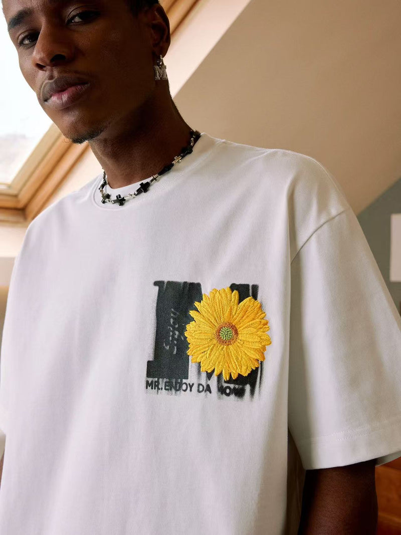 MEDM Mottled Logo Floral Embroidery Short-sleeved T-shirt
