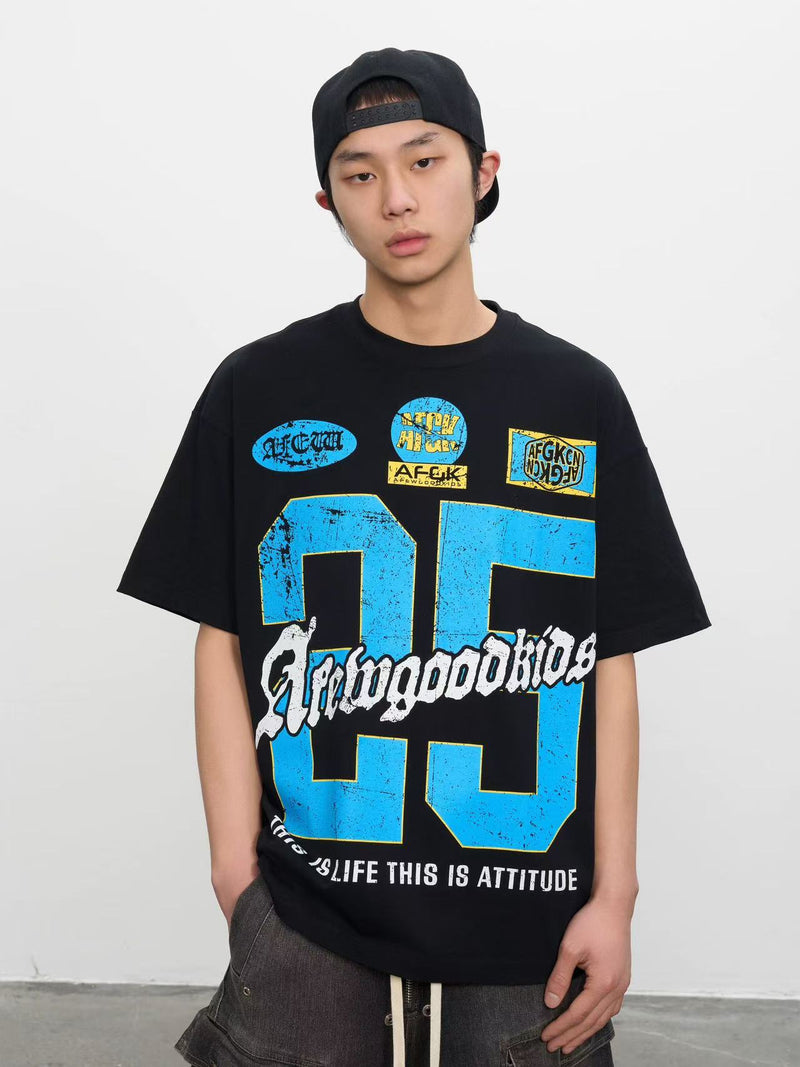 AFGK Retro Distressed Logo Print Short-sleeved T-shirt