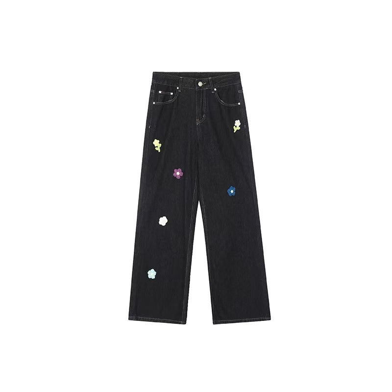 ACHOCK Small Flower Embroidered Washed Jeans (For Women)