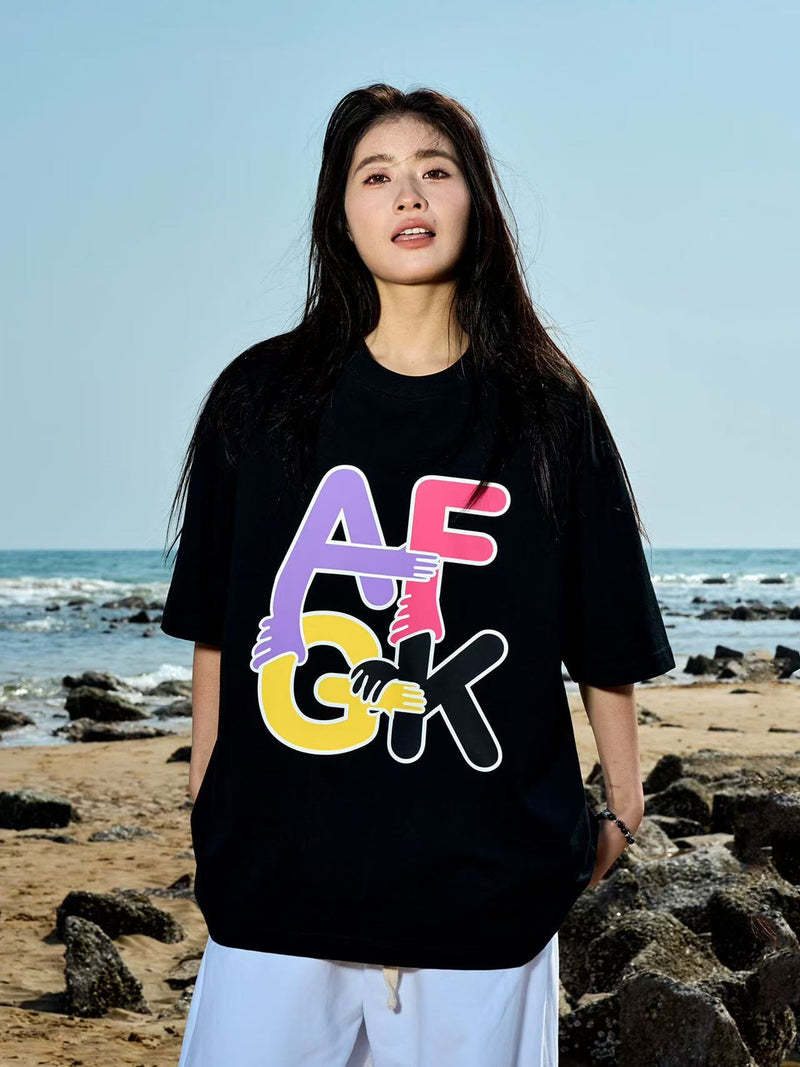 AFGK Holding Hands Fun Printed Short-sleeved T-shirt