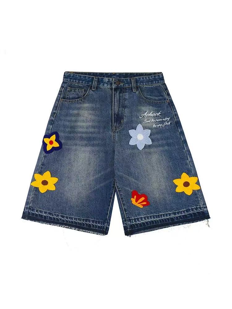 ACHOCK Petal Embroidered Denim Shorts