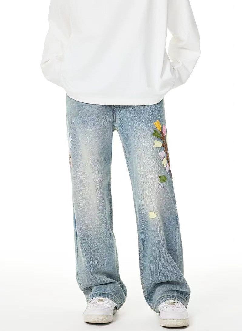 ACHOCK Floral Embroidered Heavy Duty Jeans