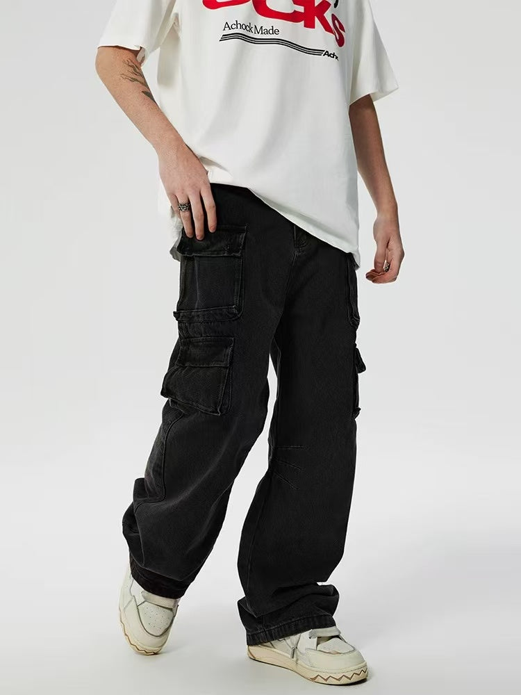 ACHOCK Street Washed Multi-pocket Jeans