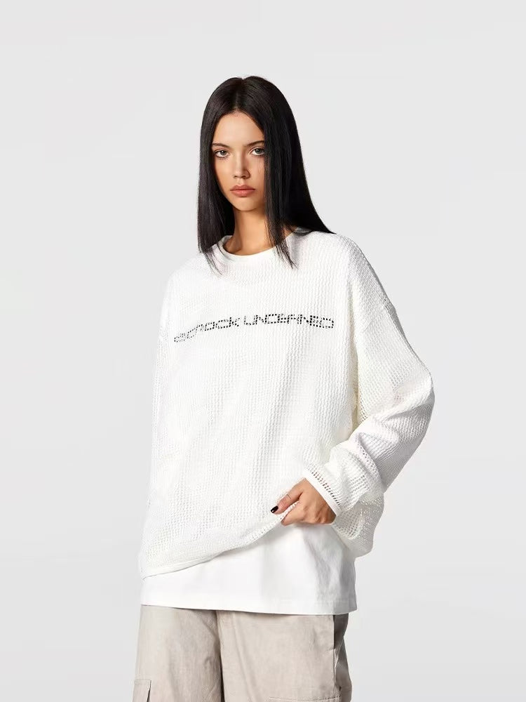 ACHOCK Fake Two-piece Heavy-duty Hollow Printed Long-sleeved T-shirt