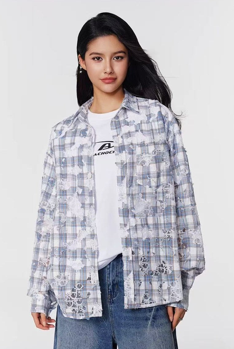 ACHOCK Lace Lapel Plaid Long-sleeve Shirt
