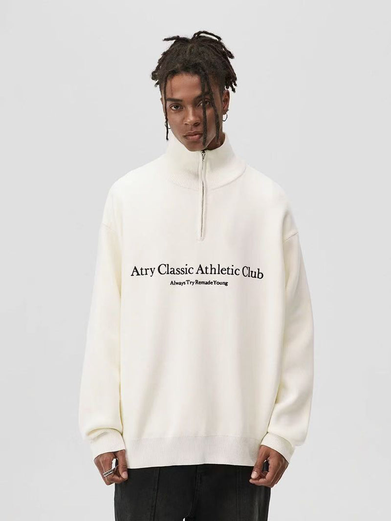 ATRY Slogan Embroidered Polo Zipper Sweater