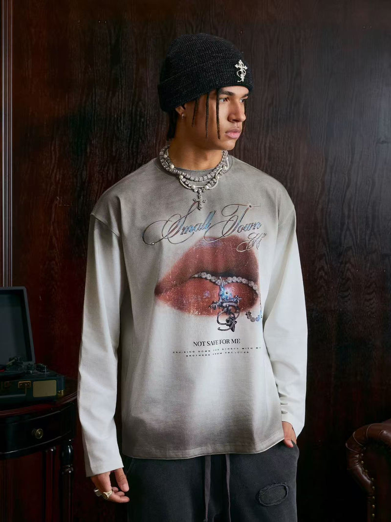 STK Vintage Dirty Wash Glitter Lip Long-Sleeve T-Shirt