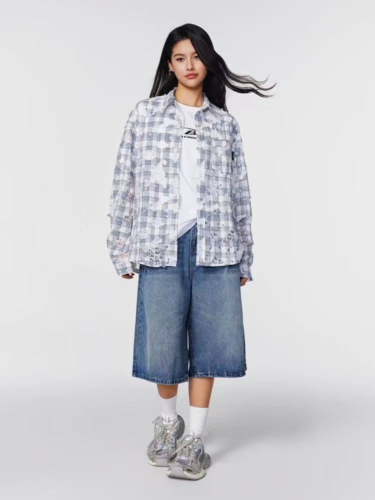 ACHOCK Lace Lapel Plaid Long-sleeve Shirt