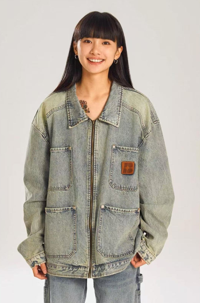 BIPOLAR Retro Distressed Design Washed Denim Jacket