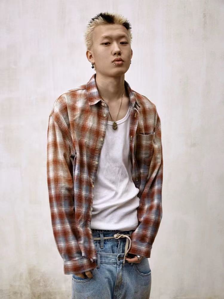 REMEDY Fringed Plaid Long-sleeve Shirt