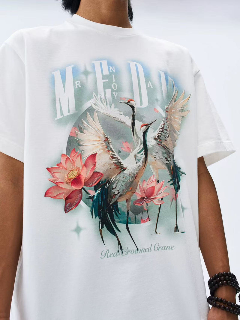 MEDM White Ink Crane Printed Short-sleeve T-shirt